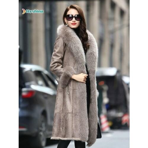 Original Fur and Fur One Woman Coat Medium Length Leather Lady Fur Coat Fox Fur Collar Slim Winter