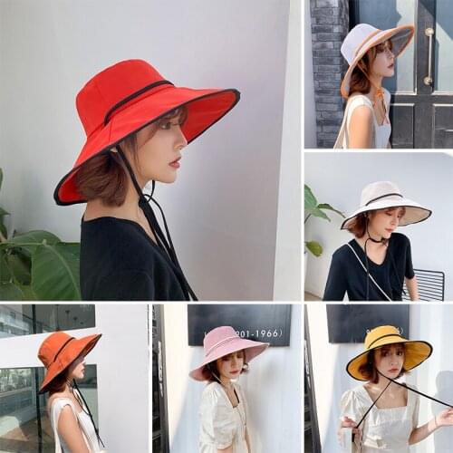 Women Bucket Sun Hat Summer Big Brim Panamanian Beach Fisherman Cap Anti-UV Outdoor Sun Protection Sunscreen Breathable Bowknot