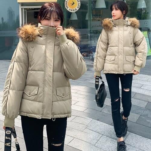 Plus Size Winter Down Jacket Women Natural Fur Collar Hood Thicken Warm Down Parkas Female Padded Coat Loose Oversized Outerwear