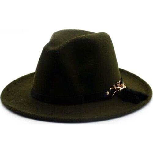 Seioum Solid Color Wool Unisex Womens wide-brim Fedora Hat For Laday Men Woolen Panama Cap With Feathe Headband Jazz Church Hat