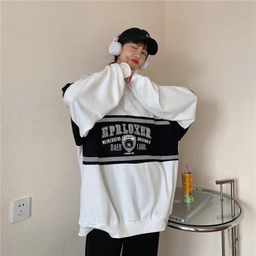 Vintage Print Long Sleeve Sweatshirt Women Polo Tops Spring 2021 Female Clothes Button Harajuku Loose Chic Pullover Sweetshirts