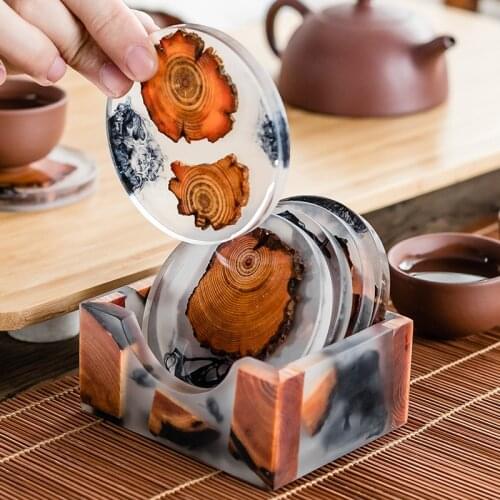 Creative Resin Pine Coasters Heat-Resistant Placemats Drink Mat Tea Coffee Cup Pad Waterproof Non-Slip Table Decor Tableware Pad