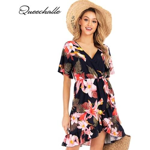 Vintage Dress Women V neck Short Sleeve Loose Dress Summer Blue Floral Print Empire Midi Dress Ruffles Beach Casual Vestidos
