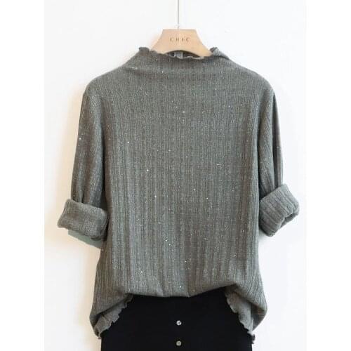 Plus Size Knit Turtleneck Sweater Shinny Chic Women Sweaters and Pullovers Autumn Reffles Thin Bling Lurex Slim Baisc Sweater