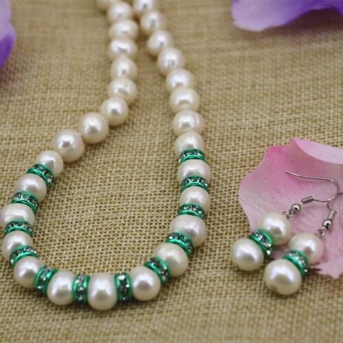 High quality white natural pearl beads 9-10mm necklace earrings for women bride party weddings gifts jewelry set 18inch B3106