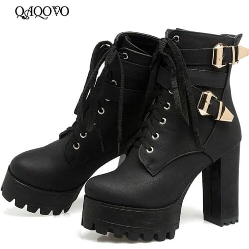 Women Boots Square High Heel Ankle Boots Platform Martin Boots Lacing Buckle Zipper Boots Spring Autumn Fashion Winter Shoes