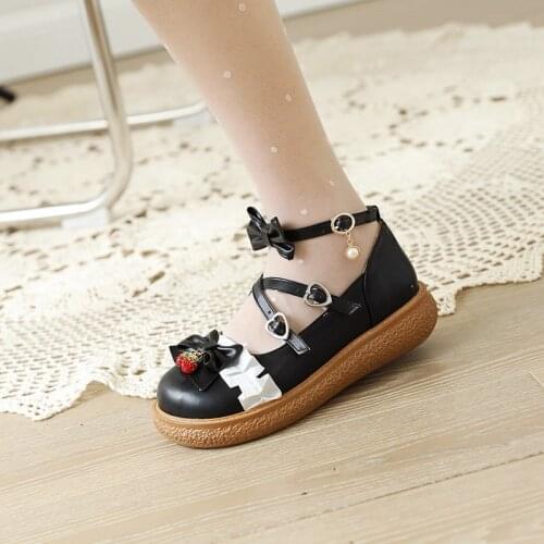 YMECHIC Plus Size 34-43 Lolita Strawberry Rhinestones Pumps Womens 2022 Wedges Round Toe Bowknot Mary Janes Kawaii Cosplay Shoes