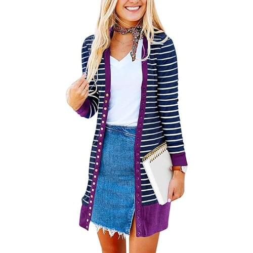 2020 Autumn Winter New European And American Women Large Size Ladies Fashion Mid-Length Button Striped Cardigan Jacket S-XXL