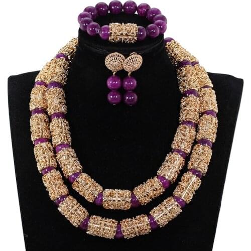 Purple Nigerian Beaded Women Costume Jewelry Sets Dubai Gold Chunky Statement Necklace Set 2019 Free Shipping GA514