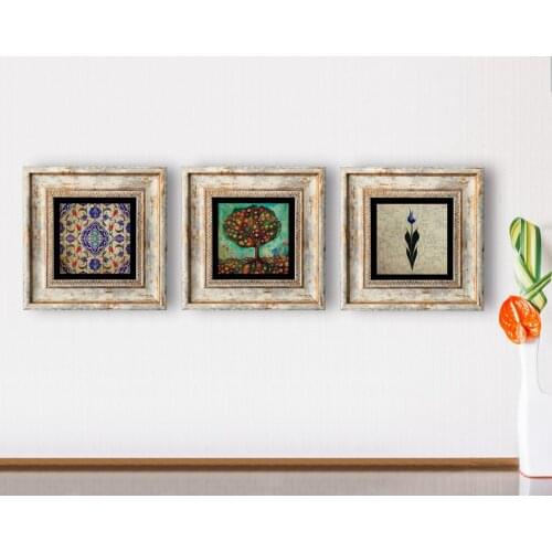 BK Home Tile Pomegranate Tree and Marbling Art 3'lü Framed Stone Wall Dekoru-1