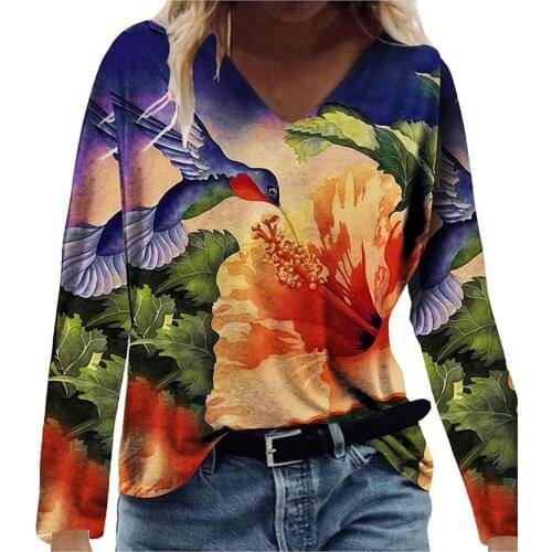 Fashion Womens Tops And Blouses Women Deep V-neck Patchwork Retro Print Long Sleeves Blouse Shirt Tops Blusas Mujer De Moda 2021