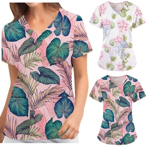 Hospital Uniform Women Short Sleeve V-neck Floral Pattern Tops Nursing Working Uniform T-shirts 2021 Summer sanitary clogs
