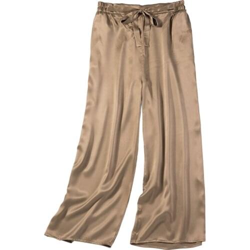 Vintage Women Summer Spring Natural Silk Pants Silk Loose Style Trousers Work Wear OL Fashion Holiday Coffee wide leg Pants