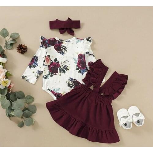 Newborn Baby Girl Clothes Set Floral Bodysuit Romper Jumpsuit Tops T Shirt Suspender Skirts Bow Headband Outfit Button 2pcs