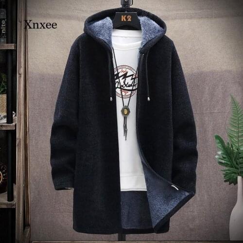 Fleece Men Hooded Sweater Cardigan Winter Jacket Slim Sweaters Winter Long Sweater Thick Warm Coat Mens Clothing Harajuku Top