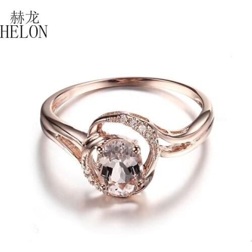 HELON Solid 10K Rose Gold Flawless Oval 7x5mm Natural Morganite Diamond Women Trendy Fine Jewelry Engagement Wedding Ringn Gift