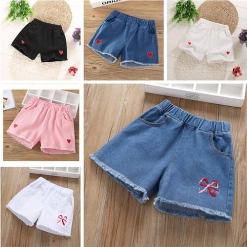 Summer 2021 Girls Jeans Shorts Kids Denim Short Children Clothes Lovely Baby Cotton Beachwear Pants For 3-15Y Toddler Clothing