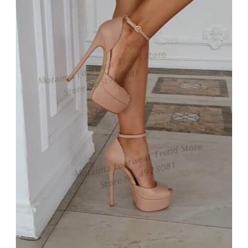 Moraima Snc Peep Toe Ankle Strap High Heel Shoe Woman Sexy Thin heels Dress Heels Nude Leather Gladiator Sandal
