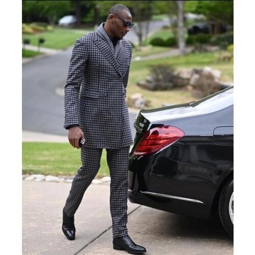 Latest Navy British Houndstooth Men Suits 2 Pcs Costume Homme Groom Prom Wedding Blazer (Jacket+Pants) Terno Masculino Slim Fit
