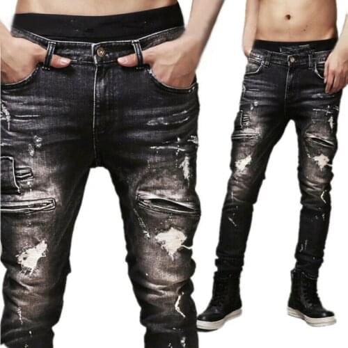 Boy Mens Distressed Ripped Jeans Moto Vintage Denim Pants Slim Skinny Trousers