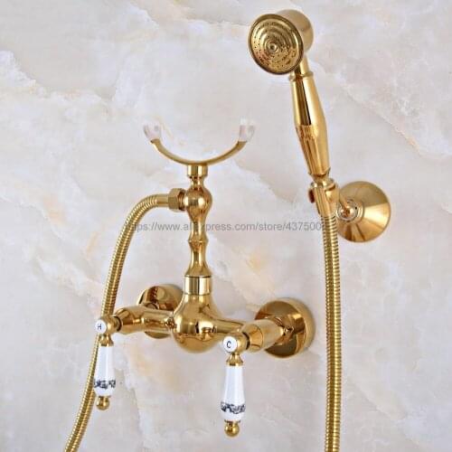 Polished Gold Wall Mounted Bathroom Faucet Mixer Tap With Ceramic Handle Hand Shower Head Shower Faucet Sets Nna927