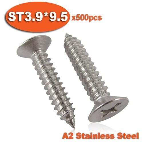 500pcs DIN7982 ST3.9 x 9.5 A2 Stainless Steel Self Tapping Screw Cross Recessed Countersunk Head Self-tapping Screws