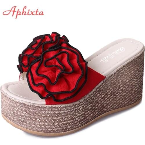 Aphixta 9cm Platform Wedge Slippers Women Shoes Clog Riband Rose Flowers Sandals Girls Flip Flop Slides Pantoufle Femme