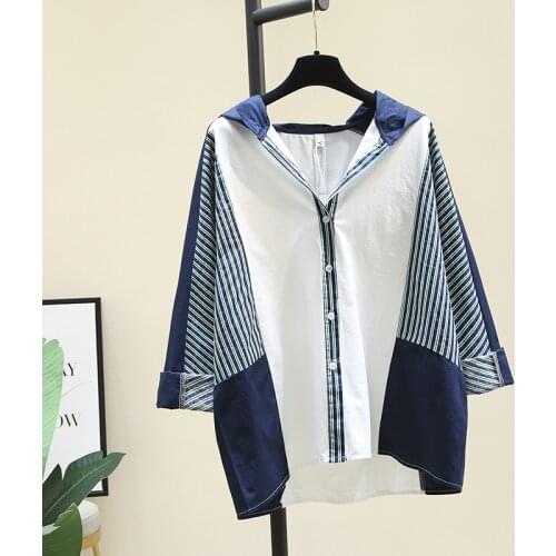 SuperAen Hooded Stripe Patchwork Cotton and Linen Shirt Autumn 2021 New Loose Fake Two-piece Top Woman Jacket