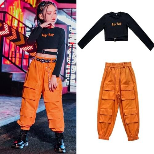 2020 Hip-Hop Dance Costume For Kids Long Sleeve Tops Orange Hiphop Pants Jazz Street Dance Clothes Performance Rave Wear DQS6224