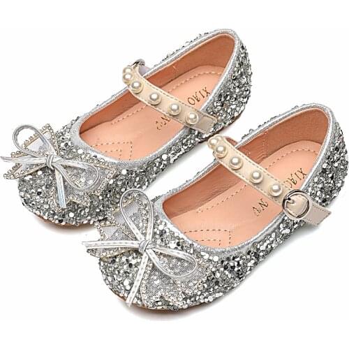 New 3D Glitter Bling Girls Princess Flats Mary Jane Shoes with Soft Bow Pearls Strap Birthday Pary School Stage Dress Shoe Pink