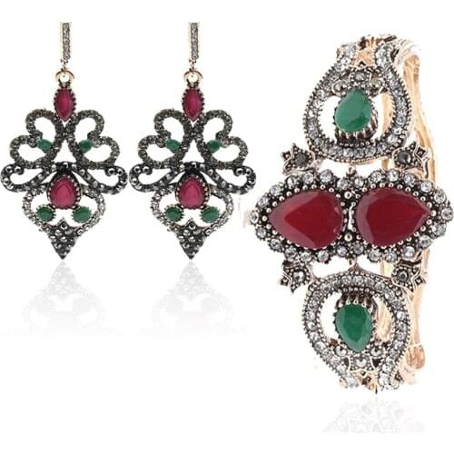 Ethnic Bridal Jewelry Vintage Earring Bangle Antique Gold Resin Jewelry Sets Long Hook Dangle Earrings Water Drop Bracelet Cuff