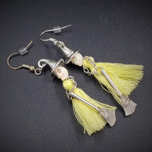 WITCH SKULL TASSEL EARRINGS,Rockabilly,Goth Punk, Skull Drop Earrings, Skull Gift,Gothic Jewelry,halloween Earrings,witch