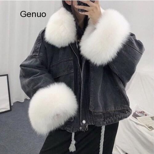 2021 Winter Loose Denim Jacket Women Oversized Fur Collar Plus Velvet Padded Jacket Vintage Cotton Thick Warm Jean Coat
