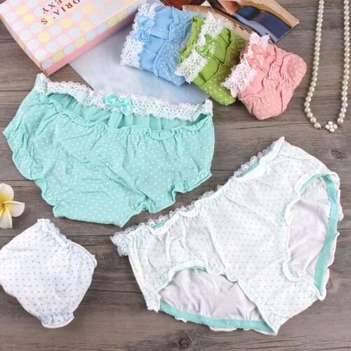 Comfortable cotton women panties lady briefs waist lace knickers dot Polka Dot Bikini flounce sweet cuecas students pants