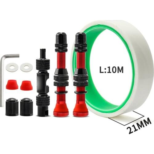 2pcs Tubeless Valve Stem Kit Bike Tubeless Valve Stem Valve Core Remover Tool With Tubeless Tape Red Valve + Tool_tread Pad 21mm