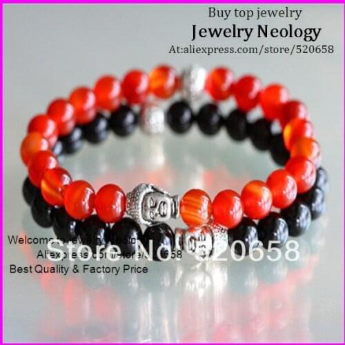 Free ship! 10pcs Fashion Mens Beaded Buddha stretch Bracelet Red Dragon Veins Stone, Black Onyx Semi Precious stone Jewelry