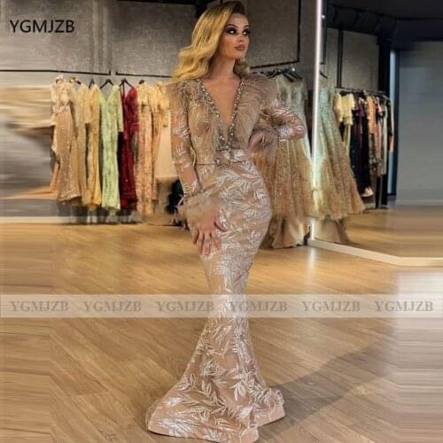 Dubai Arabic Women Mermaid Evening Dresses 2021 V-Neck Feathers Beaded Long Sleeve Girls Formal Celebrity Party Prom Gowns