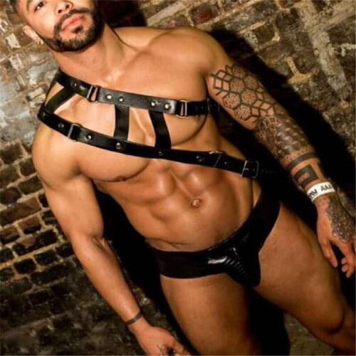 Fetish Gay mens chest harness bdsm Suspenders Sexy PU Leather Metal Rivet Bondage Straps Adjustable Sex Costume Muscle Strap