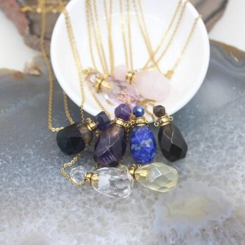 Faceted Gems Crystal Perfume Bottle Pendant Plated Gold Chain,Natural Stone Quartz Essential Oil Diffuser Vial Necklace Charms