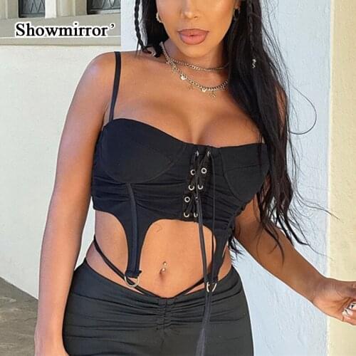 Showmirror Hipster Skinny Tank Tops Women Sexy Solid Middle Bandage Camis Sleeveless Shaped Waist Club Female Crop Top