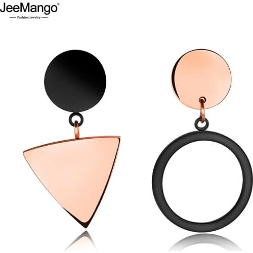 JeeMango Geometric Triangular Round Earrings Stainless Steel Round Cake Asymmetric Earrings Jewelry For Women Brincos JE17089