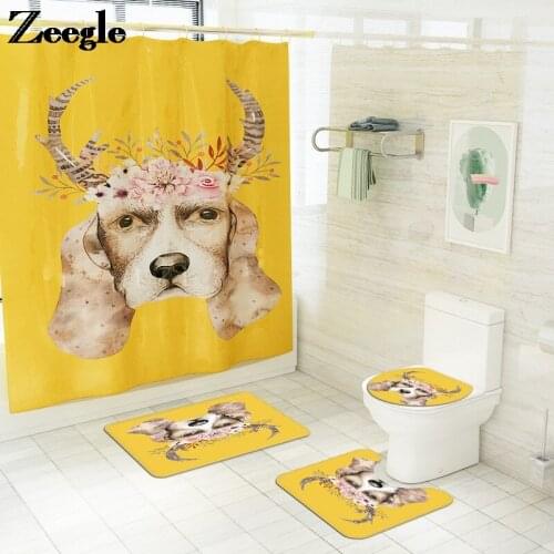 Non-slip Floor Carpet for Bathroom 3D Printing Bath Mat and Waterproof Shower Curtain Set Memory Foam Toilet Mat U-Shaped Rug