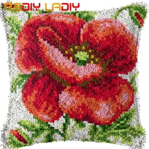 Latch Hook Cushion Red Poppy Pillow Case Pre-Printed Color Canvas Acrylic Yarn Latched Hook Pillow Kits Crochet Cushion Cover