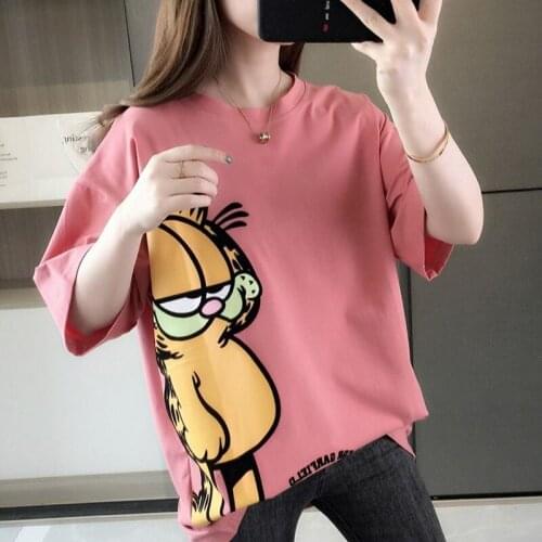 Pure cotton summer short-sleeved t-shirt female new style Korean student plus size 200 kg loose female blouse tide season