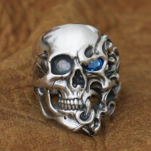 LINSION CZ Eyes 925 Sterling Silver Fire Skull Ring Mens Punk Ring TA282 US Size 7~15
