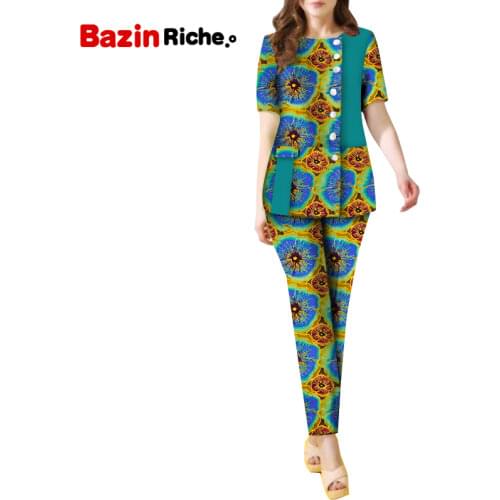 New Two Piece Sets Women Print Short Sleeve Blazer And Long Pants Causal Suits African Office Women Sets Simple Homewear WY811