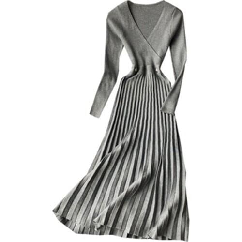 Autumn Women Knitted Pleated Dress Winter V Neck Long Sleeves Party Dress Fashion Warm Bodycon Knit Sweater Dresses