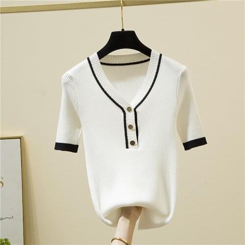 Casual Button V-Neck Fashion Women T Shirt Slim Knitted Tee Shirt Femme Summer Short Sleeve Woman Clothes Tees White Camisetas