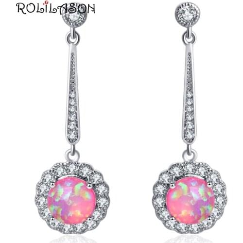 ROLILASON For women Round Pink Fire Opal White Crystal Dangle Silver Earrings Fashion Jewelry OE690