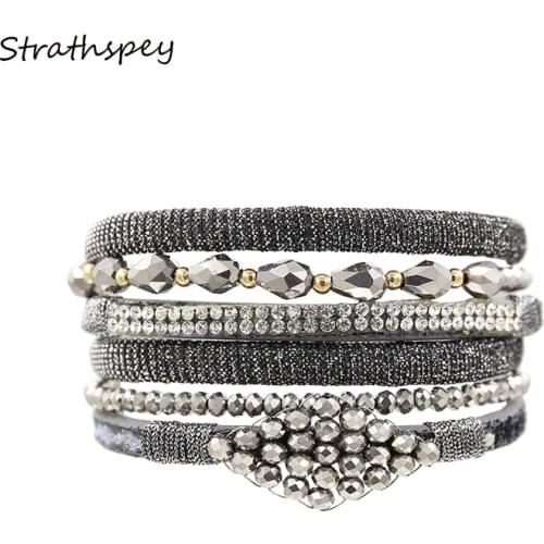STRATHSPEY Fashion Women Rhinestone Multi Rows Set Crystal Beads PU Leather Wrap Magnet Bracelet Blue/Grey/Red Color Bangles